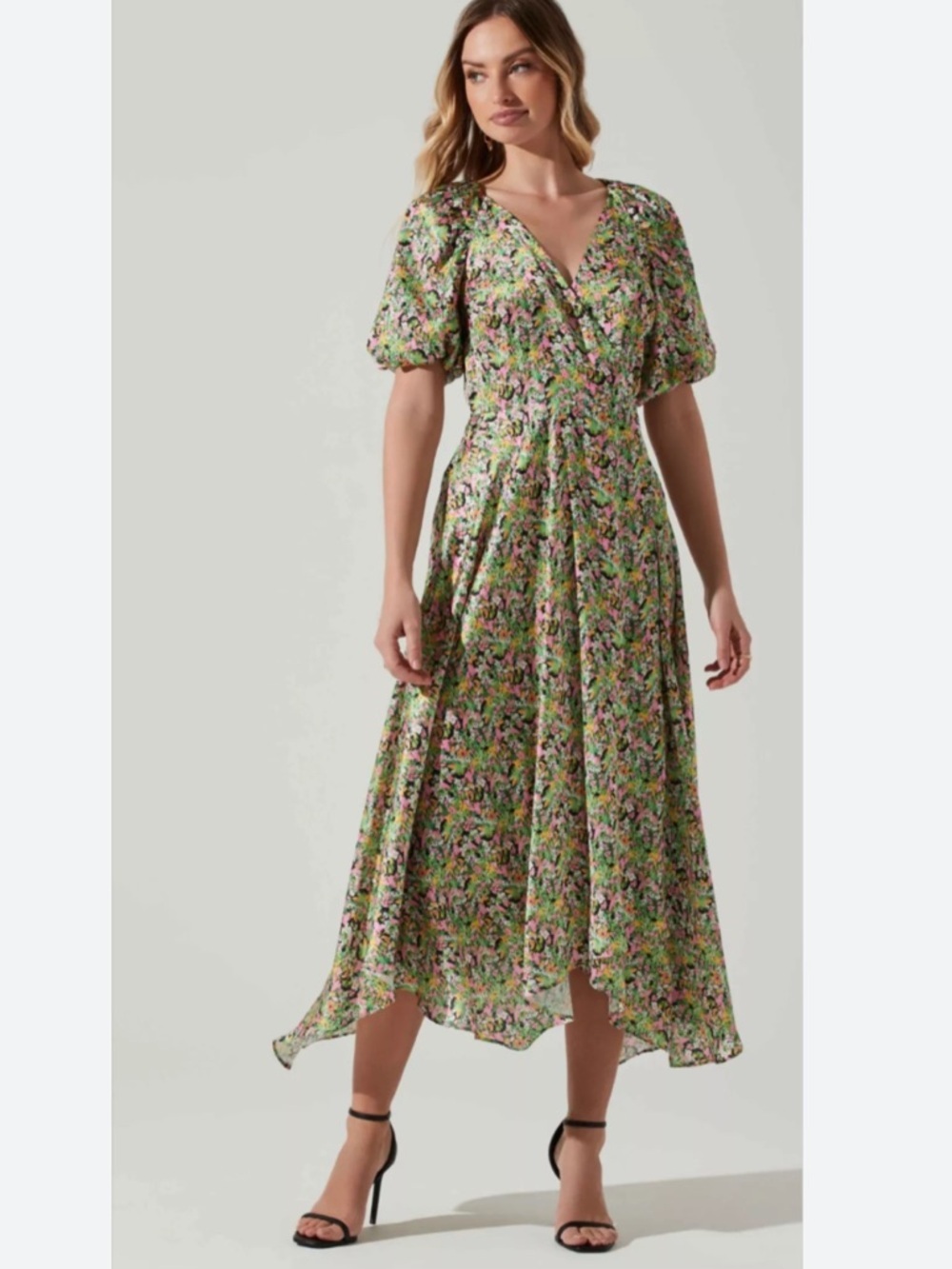 ASTR the label Floral Puff Sleeve Wrap Midi Dress Fairy S